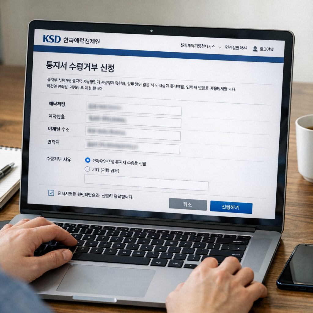 한국예탁결제원 홈페이지 통지서 수령거부 신청 화면 예시