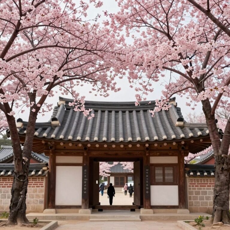 포항 도암사 입구를 화사하게 장식한 분홍색 겹벚꽃 나무와 전통 사찰 한옥 지붕