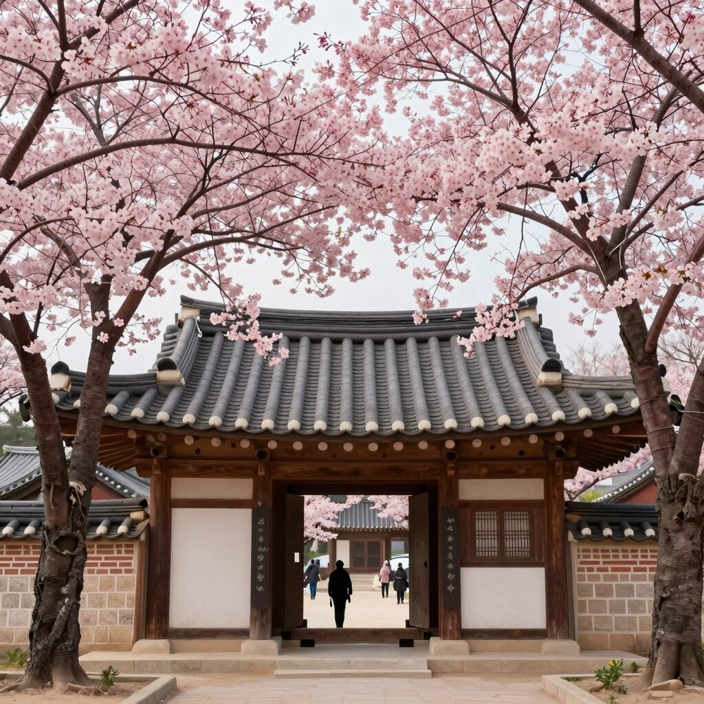 포항 도암사 입구를 화사하게 장식한 분홍색 겹벚꽃 나무와 전통 사찰 한옥 지붕