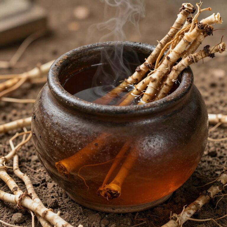 말린 땅두릅뿌리로 끓인 갈색빛의 독활차가 담긴 찻잔