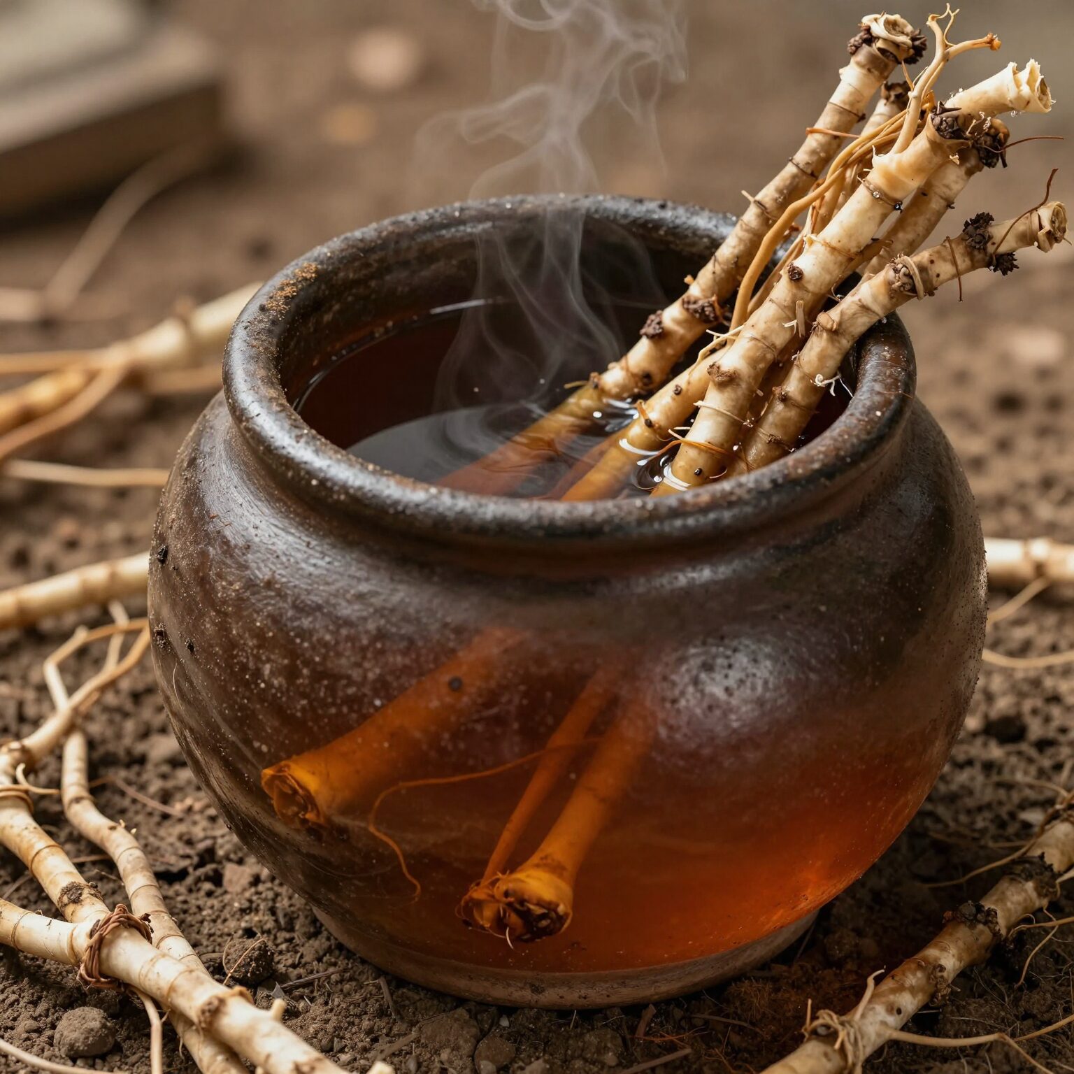 말린 땅두릅뿌리로 끓인 갈색빛의 독활차가 담긴 찻잔