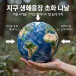 지구 생태용량 초과의 날 개념을 설명하는 인포그래픽으로, 지구와 화살표가 자원 소비 속도를 나타내는 이미지