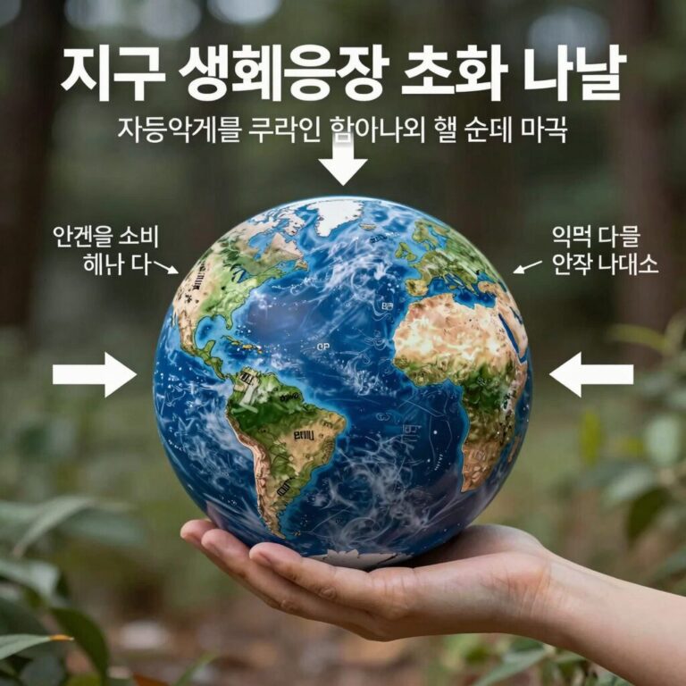 지구 생태용량 초과의 날 개념을 설명하는 인포그래픽으로, 지구와 화살표가 자원 소비 속도를 나타내는 이미지