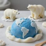파란색과 흰색 비누 반죽으로 만든 지구 모양 비누와 북극곰 피규어, 만들기 키트 구성품이 놓여진 사진
