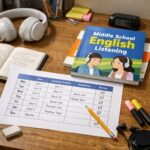 중학생 영어 듣기 평가를 위한 학습 계획표와 교재가 놓인 책상