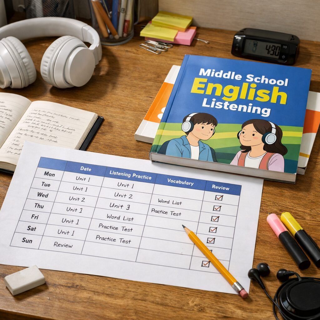 중학생 영어 듣기 평가를 위한 학습 계획표와 교재가 놓인 책상
