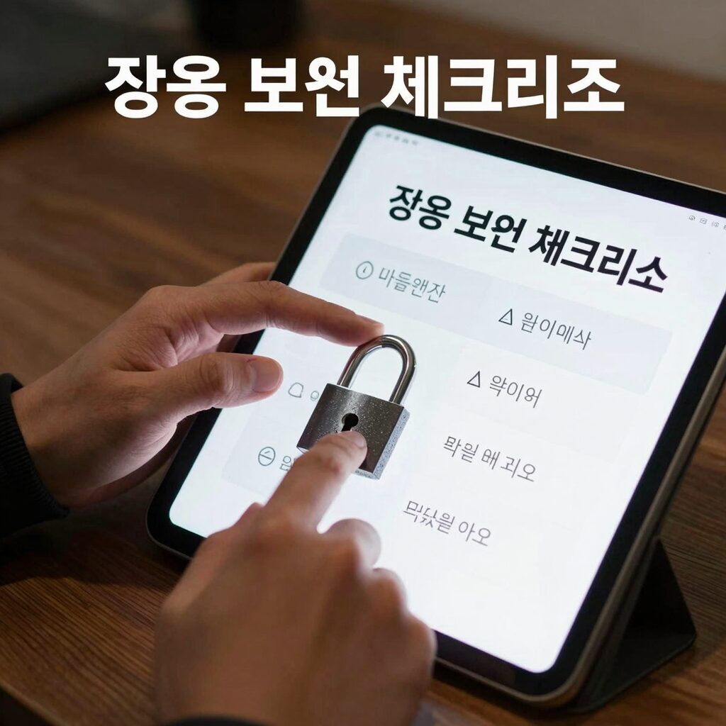 금융 보안 체크리스트를 확인하는 사람의 손과 태블릿, 안전한 자물쇠와 방패 아이콘이 함께 배치된 이미지