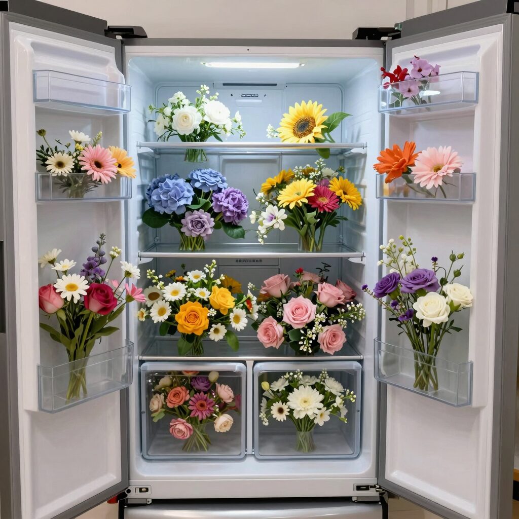 꼬띠아모의 다양한 계절꽃이 가득한 대형 냉장고 내부 모습