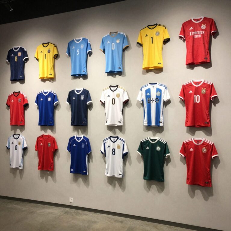 다양한 색상과 디자인의 축구 유니폼이 벽에 걸려 있는 모습