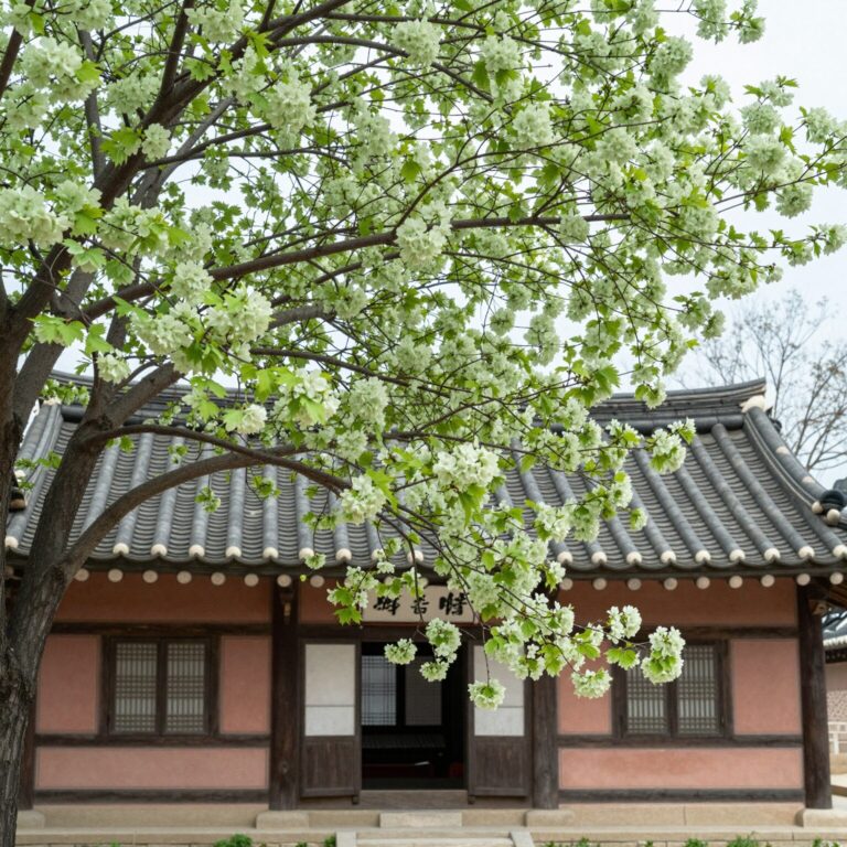 서산 개심사 명부전 앞에 핀 신비로운 초록빛 청벚꽃과 전통 사찰 건물의 조화로운 풍경