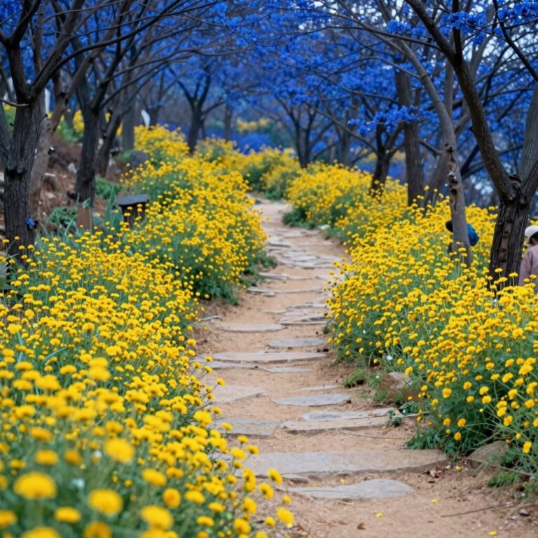 공주 갑사 황매화로 가득한 산책길, 노란 꽃길과 푸른 숲이 조화를 이룬 풍경