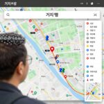 거지맵 웹사이트 화면 캡처, 지도에 다양한 색상의 핀으로 표시된 가성비 식당들