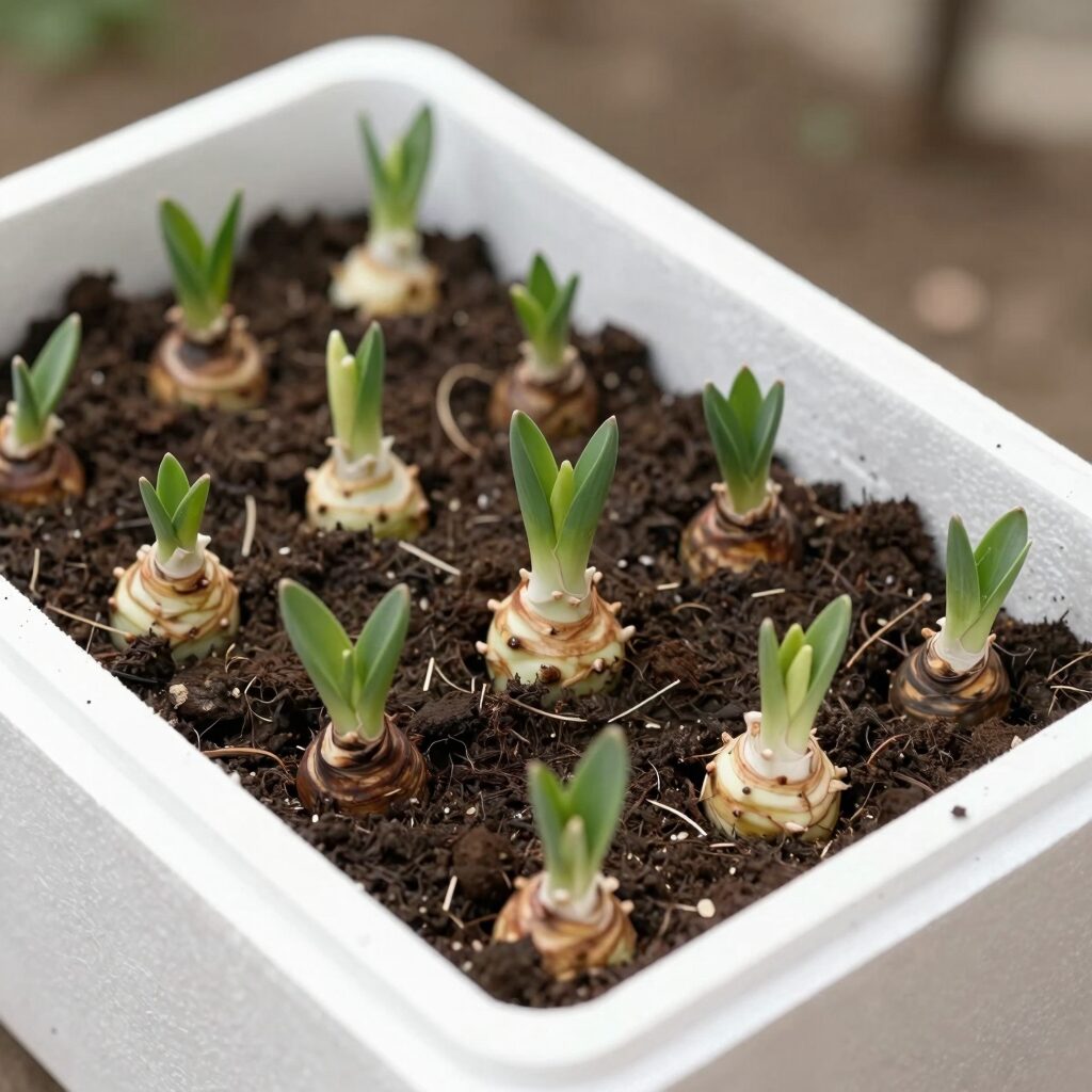 스티로폼 박스에 상토를 깔고 생강 싹틔우기를 진행하는 모습