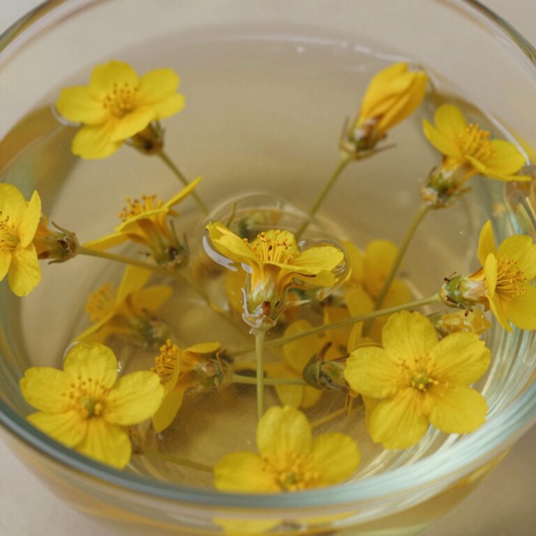 골담초꽃차 우리는 방법, 따뜻한 물에 골담초꽃을 넣고 2-3분간 우려내는 모습