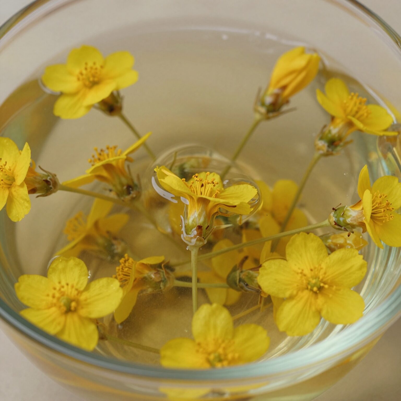 골담초꽃차 우리는 방법, 따뜻한 물에 골담초꽃을 넣고 2-3분간 우려내는 모습