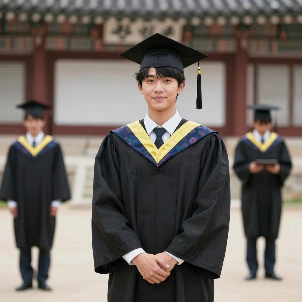 졸업사진 촬영 중 포즈를 취하는 모습