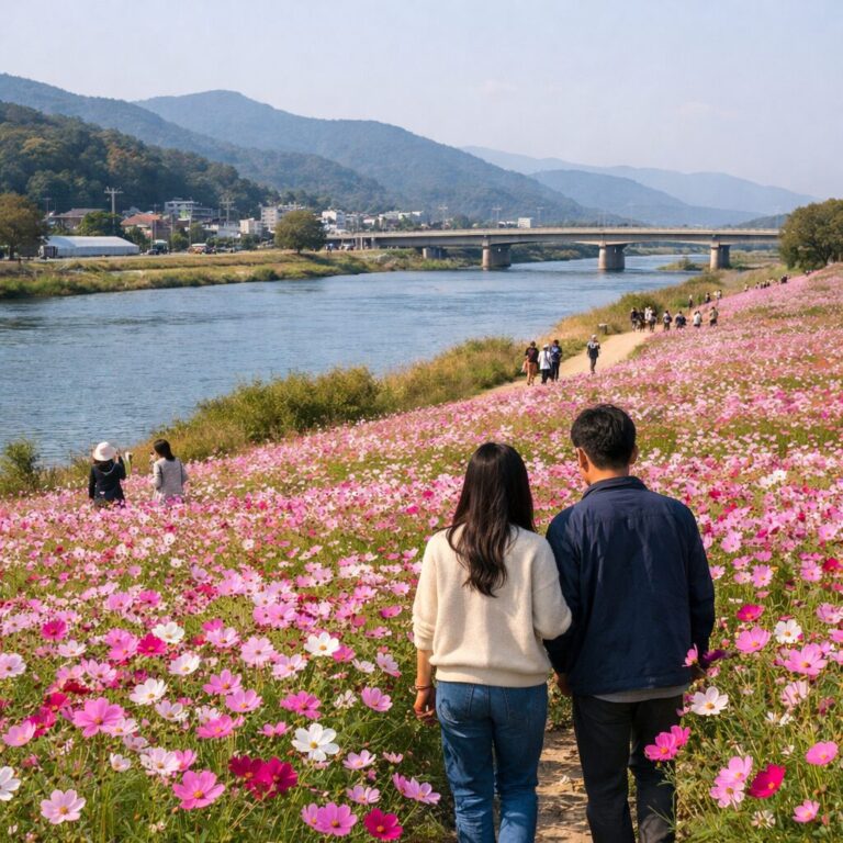 경산 하양유채꽃단지 가을 코스모스 꽃밭과 금호강 풍경