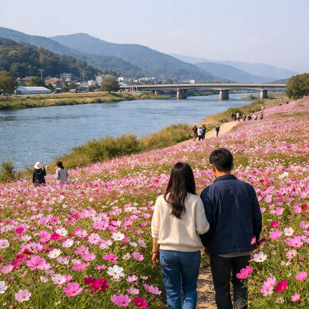 경산 하양유채꽃단지 가을 코스모스 꽃밭과 금호강 풍경