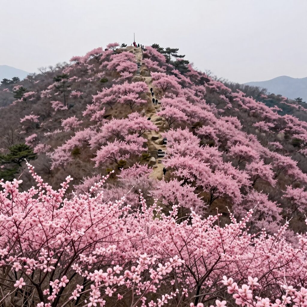 황매산 정상에서 바라본 핑크빛 철쭉 군락과 산악 풍경