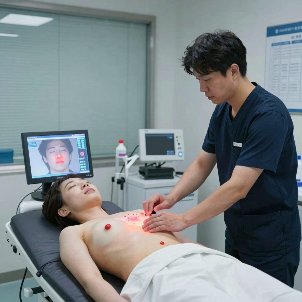 화성암 치료 통합 관리 도식도, 고주파온열치료와 재활 운동이 함께 진행되는 모습