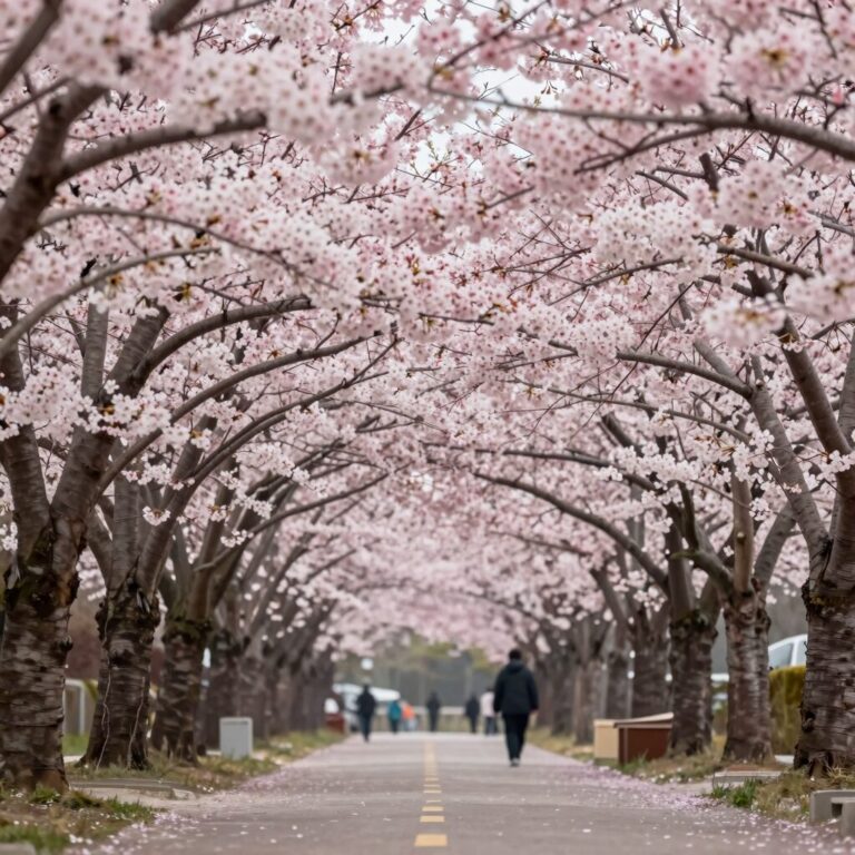 대구 화원유원지 약초원 겹벚꽃 터널, 분홍색 겹벚꽃이 터널을 이루고 있는 모습