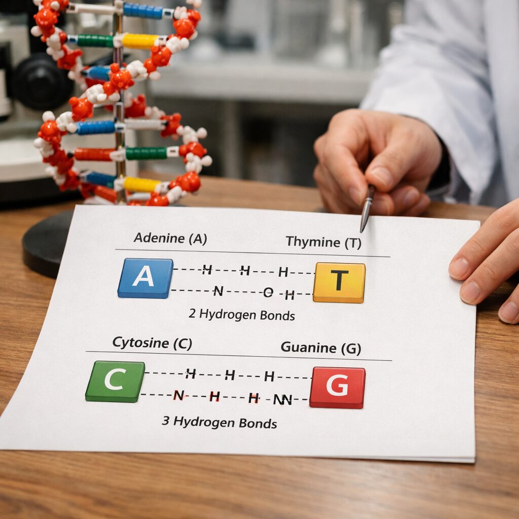 DNA 이중나선 구조에서 염기쌍 사이의 수소결합을 보여주는 다이어그램