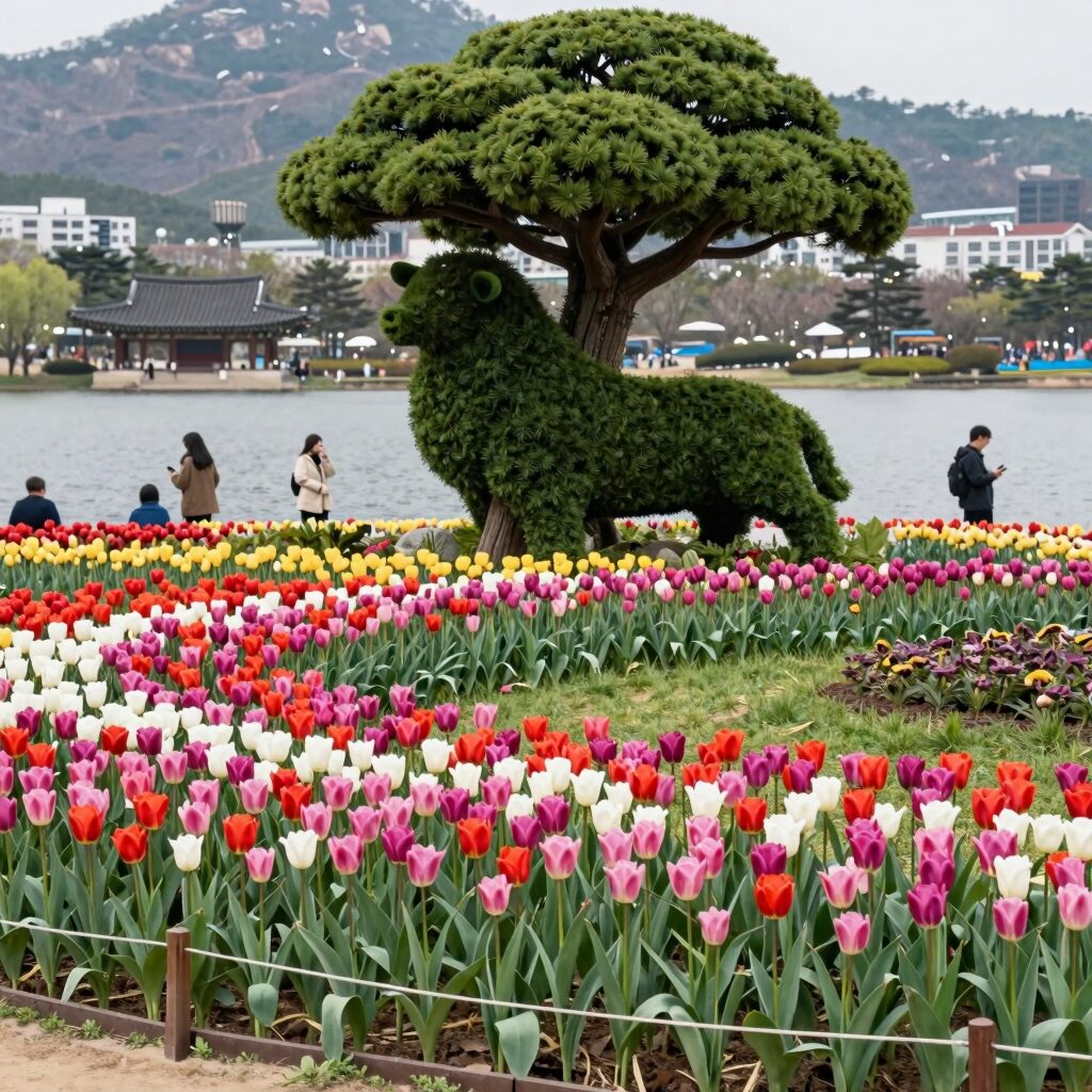 2026 고양국제꽃박람회 일산호수공원 메인 조형물 시간여행자의 정원과 튤립 화단 전경