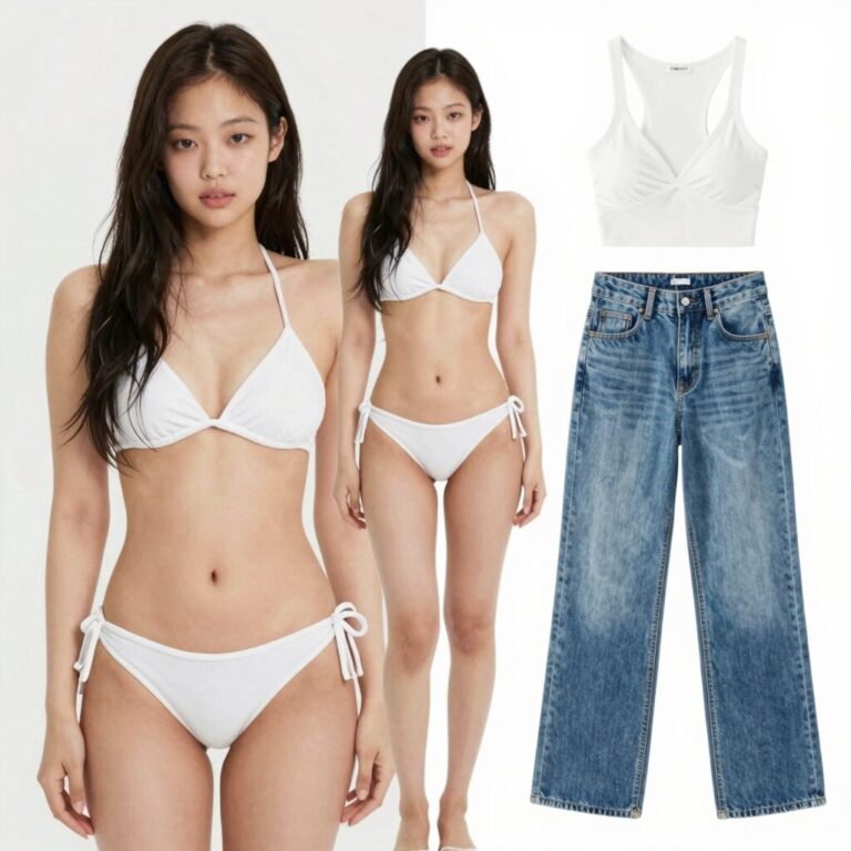 제니 스타일 비키니와 데님 팬츠 레이어링 코디 예시