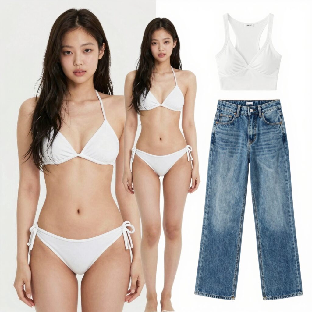 제니 스타일 비키니와 데님 팬츠 레이어링 코디 예시