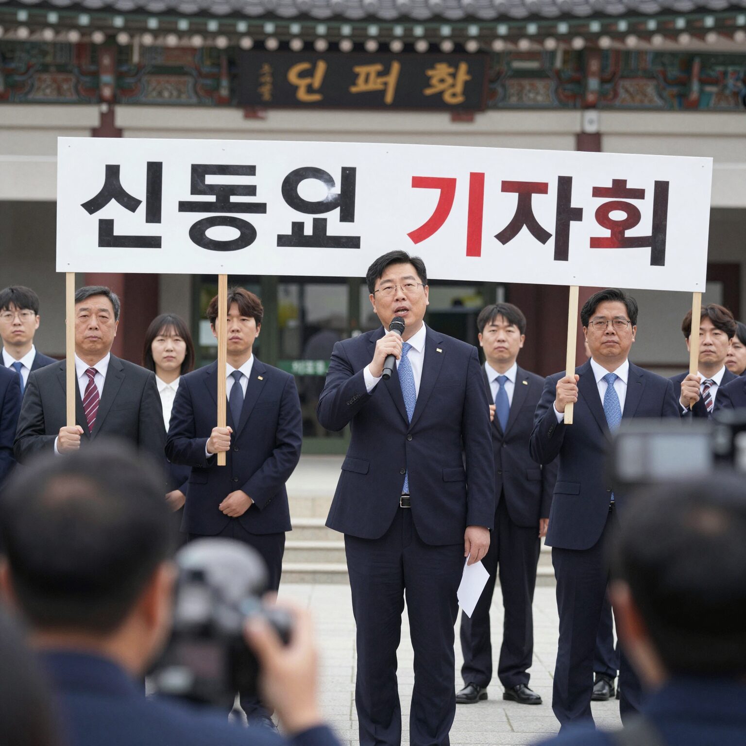 신종오 판사 기자회견 모습, 법원 앞에서 항의 피켓을 들고 있는 장면
