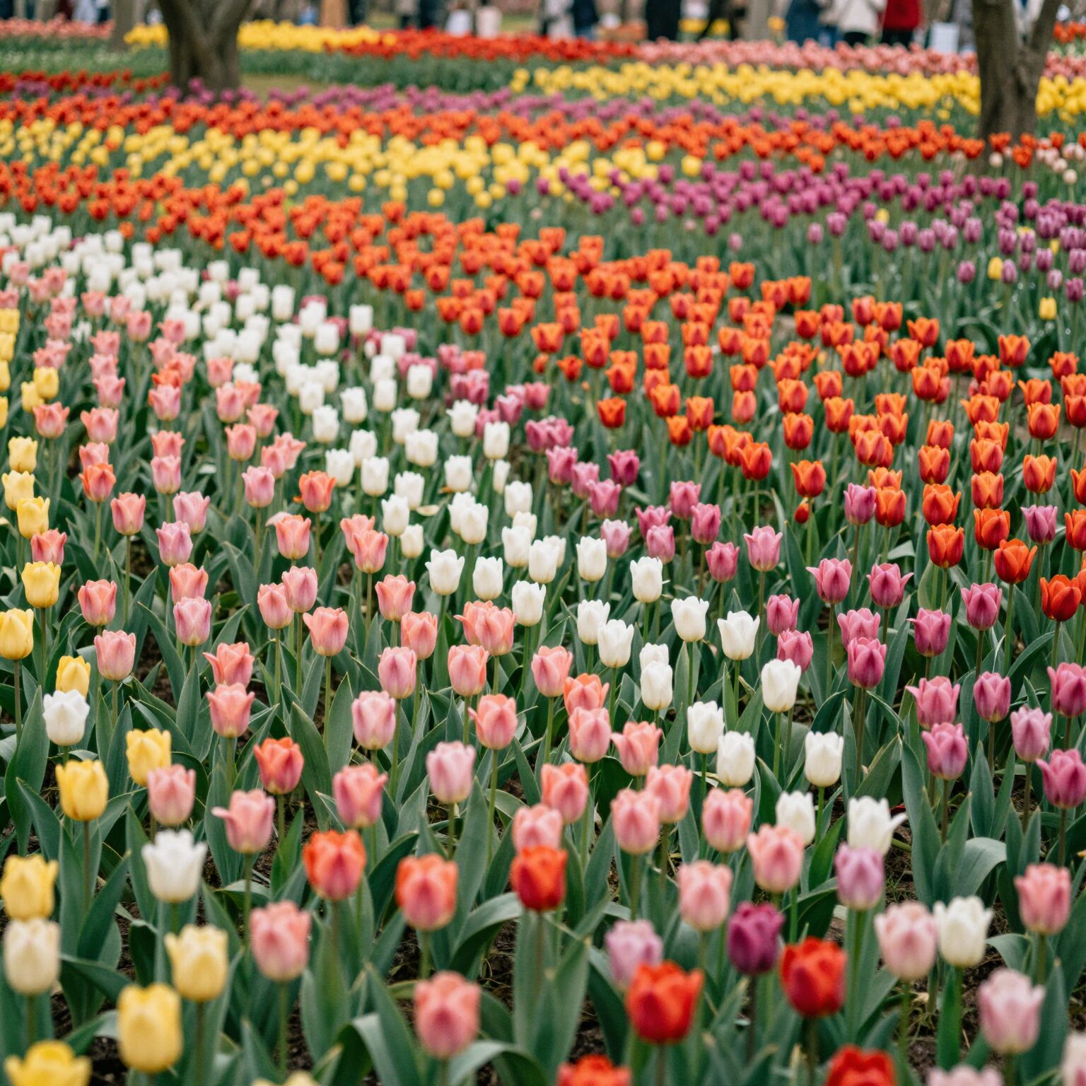 네덜란드 쾨켄호프 공원 내 다양한 색상의 튤립이 줄지어 심겨진 광활한 꽃밭 풍경