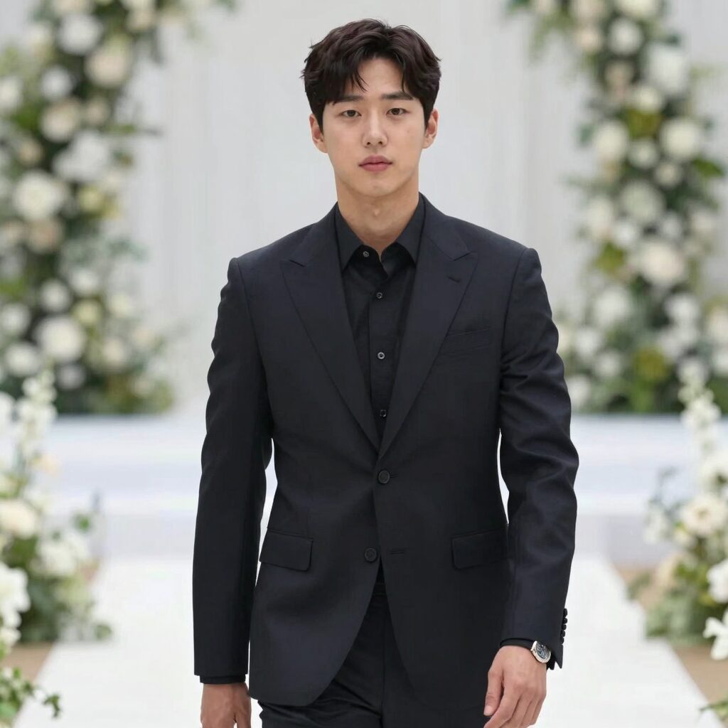 김지원이 네이비 셔츠와 블랙 슬랙스를 입고 결혼식장에 등장한 모습. 미니멀한 실루엣과 실버 시계가 포인트다