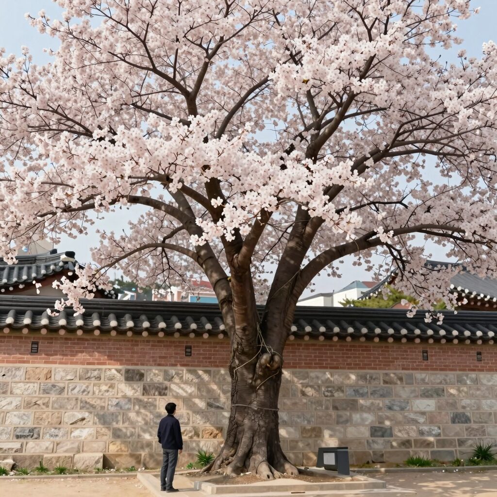 서울 아차산성 입구에 서 있는 거대한 왕벚꽃나무, 아래 사람과 비교해도 압도적인 크기