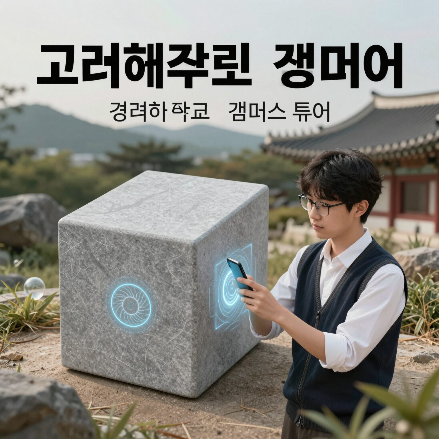 고려대학교 경영대학 캠퍼스 투어 행사 포스터와 함께하는 재학생 홍보대사 큐브의 모습