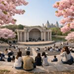 경희대학교 국제캠퍼스 노천극장과 핑크빛 겹벚꽃이 어우러진 봄 풍경