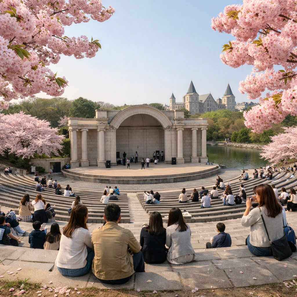 경희대학교 국제캠퍼스 노천극장과 핑크빛 겹벚꽃이 어우러진 봄 풍경