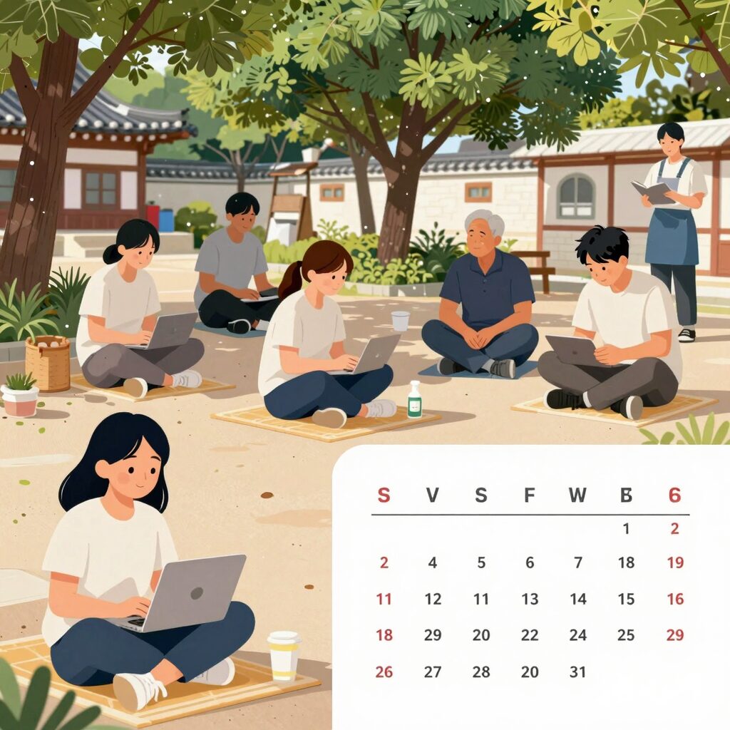 2026년 노동절 달력과 다양한 직군의 사람들이 휴식을 취하는 일러스트