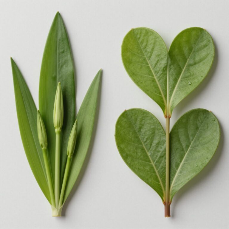 수수꽃다리와 라일락 잎 모양 비교 사진, 좌측은 길쭉한 잎, 우측은 하트형 잎