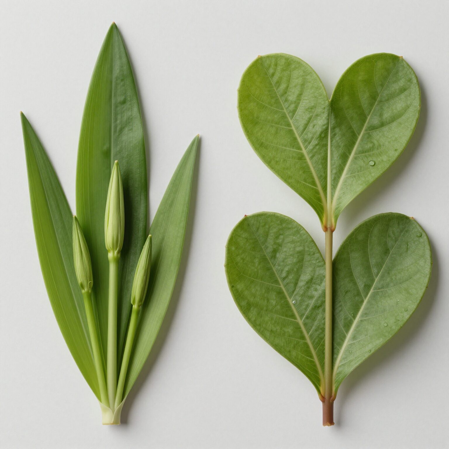 수수꽃다리와 라일락 잎 모양 비교 사진, 좌측은 길쭉한 잎, 우측은 하트형 잎