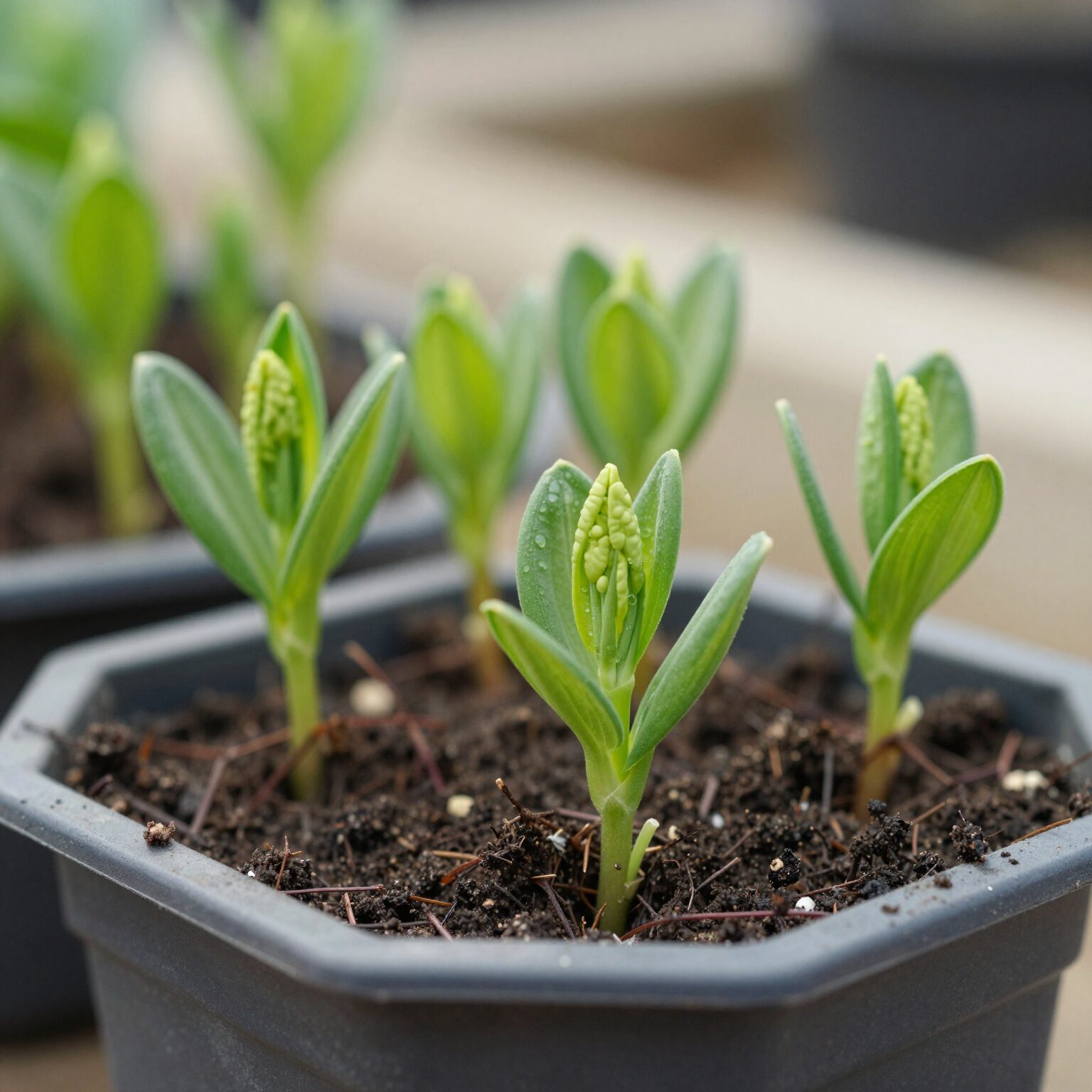 화분에 심겨진 라일락 삽목 묘목과 분주된 새순