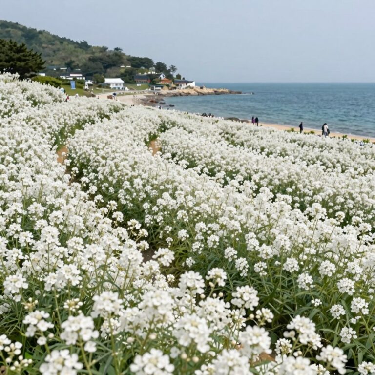 삼척 맹방유채꽃마을의 넓은 유채꽃밭과 배경의 동해 바다 풍경