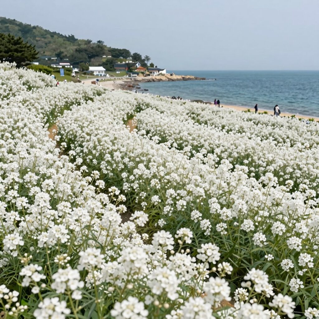 삼척 맹방유채꽃마을의 넓은 유채꽃밭과 배경의 동해 바다 풍경
