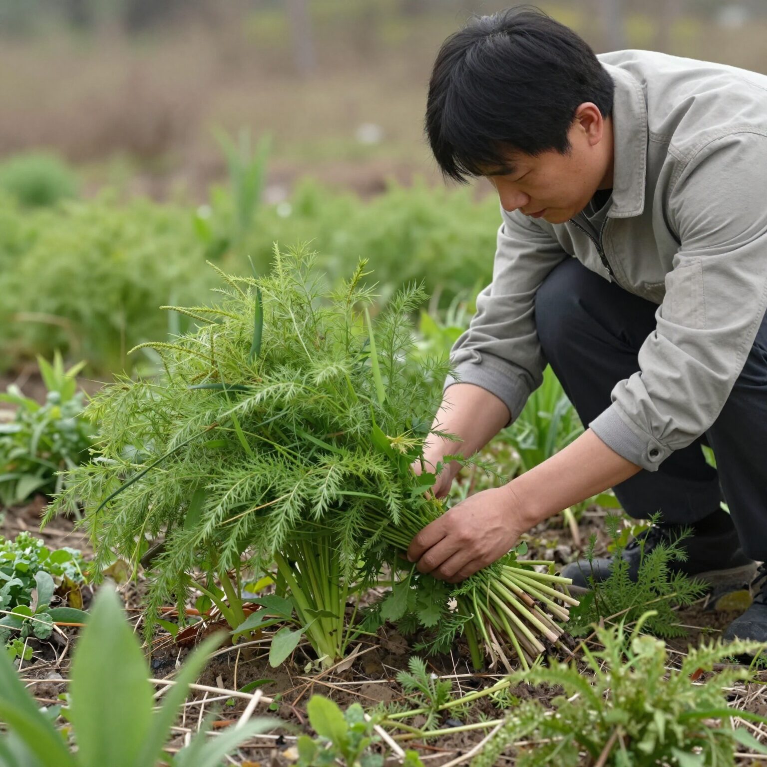봄밭에서 채취한 신선한 망초대 나물