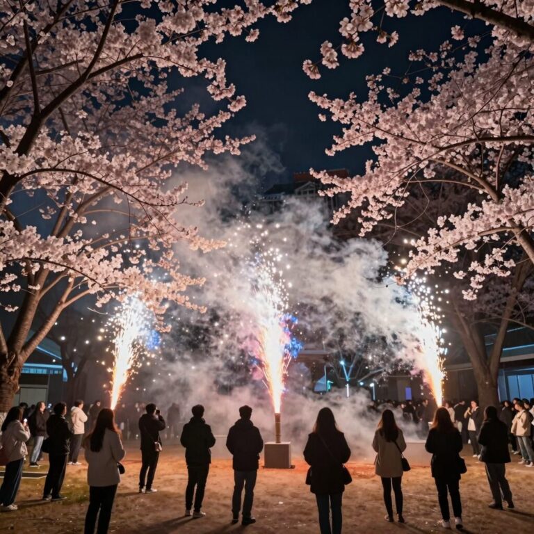 만석거 새빛축제 야간 불꽃놀이와 벚꽃 조명