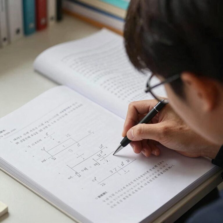 수학 시험지와 교재를 나란히 펼쳐놓고 분석하는 모습, 효과적인 수학 공부법과 오답 극복 방법을 상징