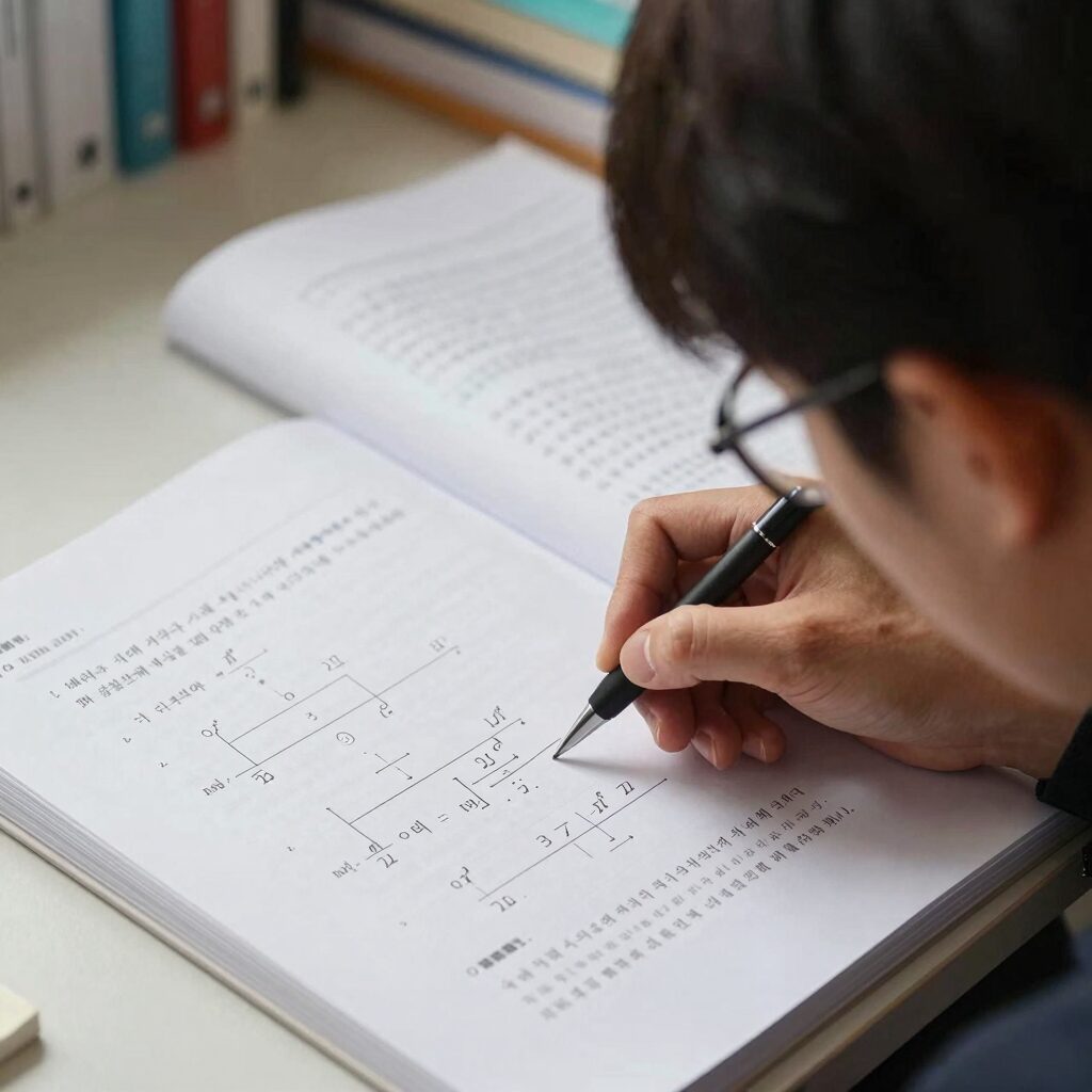 수학 시험지와 교재를 나란히 펼쳐놓고 분석하는 모습, 효과적인 수학 공부법과 오답 극복 방법을 상징