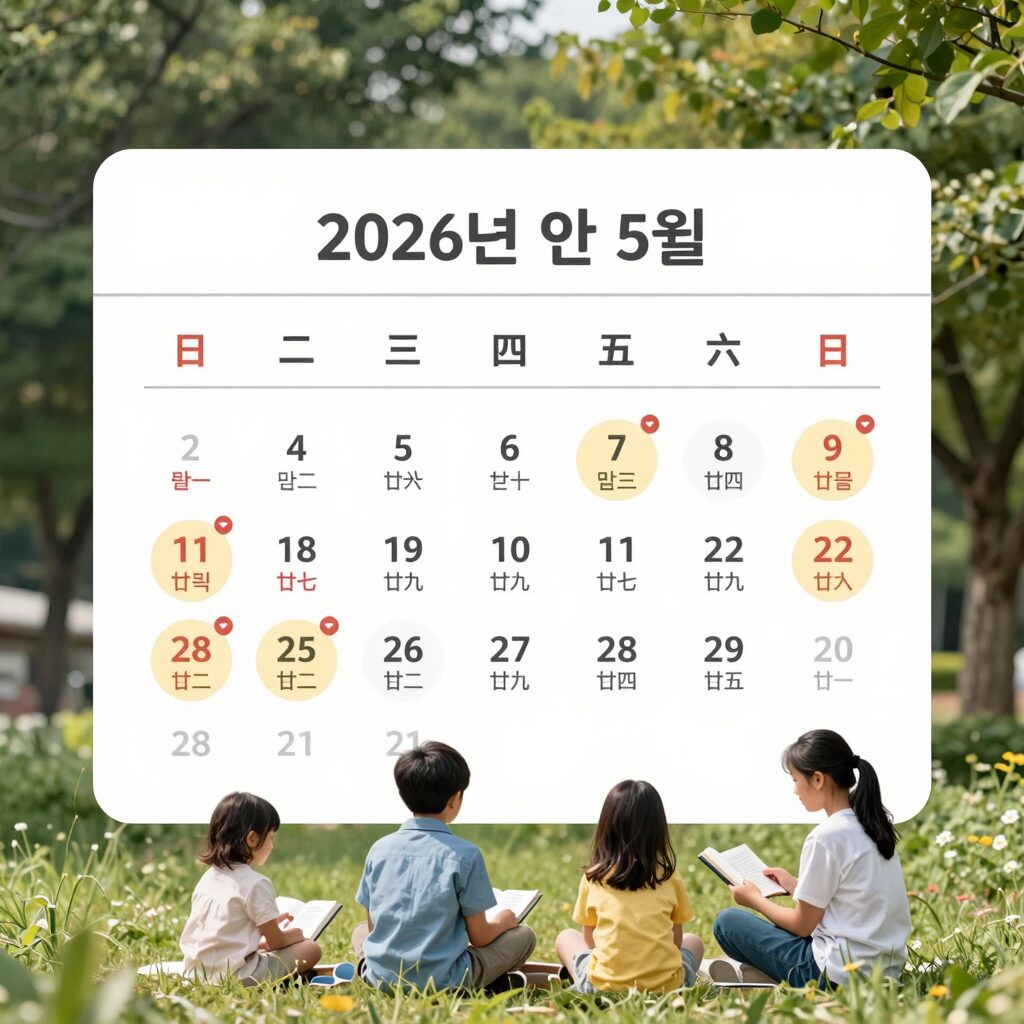 2026년 5월 달력에 표시된 노동절 연휴와 어린이날 연휴 계획
