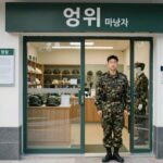 병역명문가 신청 방법과 혜택 총정리 병역명문가증을 들고 있는 사람이 영외 군마트(PX) 입구를 배경으로 서 있음. 군마트 내부 진열대와 상품들이 보인다.