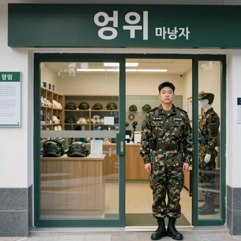 병역명문가증을 들고 있는 사람이 영외 군마트(PX) 입구를 배경으로 서 있음. 군마트 내부 진열대와 상품들이 보인다.
