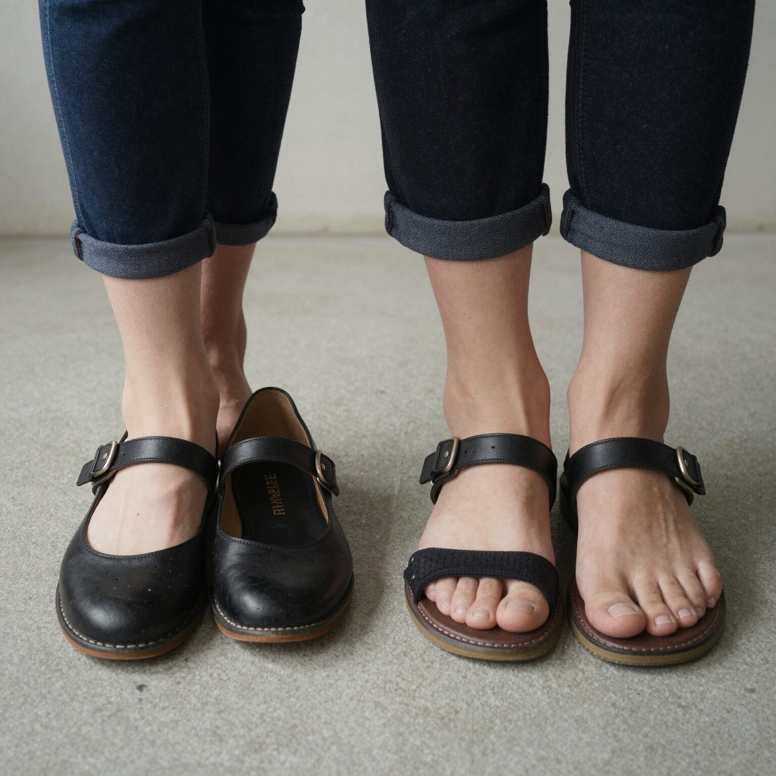 미니멜리사 신발 150 사이즈와 160 사이즈를 나란히 놓고 비교한 사진